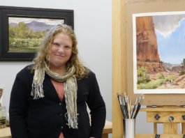 Brienne Brown’s studio in Central Pennsylvania with her watercolor paintings, "Enfolding Green Pastures" (framed) and "Day for Exploring"
