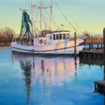 acrylic painting of shrimp boat in evening sunset