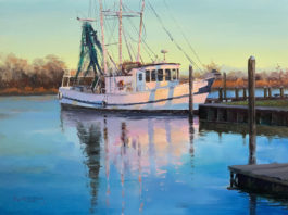Featured Artwork: Farley Lewis acrylic painting of shrimp boat in evening sunset