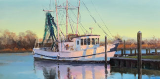 acrylic painting of shrimp boat in evening sunset