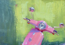 oil painting of moped parked