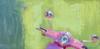 oil painting of moped parked
