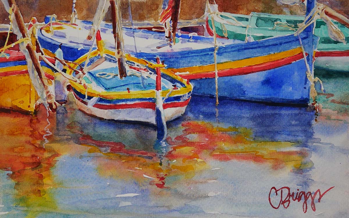 watercolor painting of fishing boats