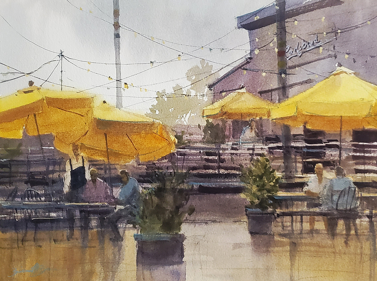 watercolor landscape painting of outside restaurant seating