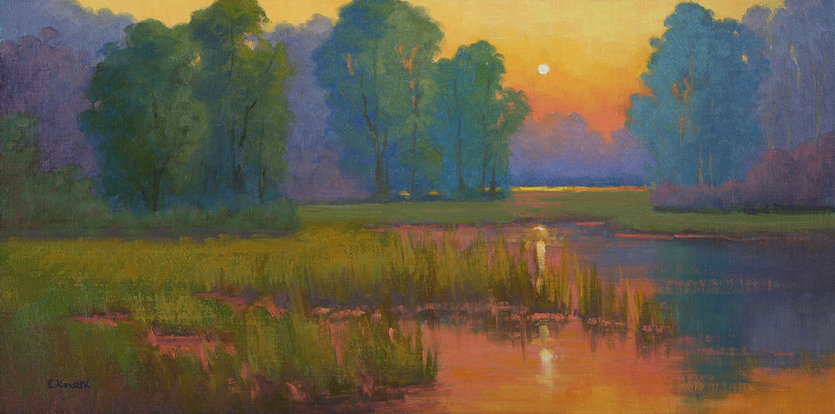 oil painting of sunset over marsh