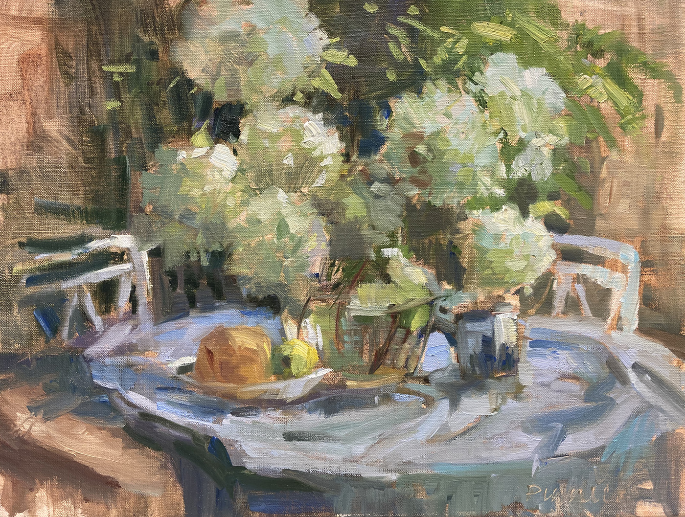 oil painting of white hydrangeas on round table