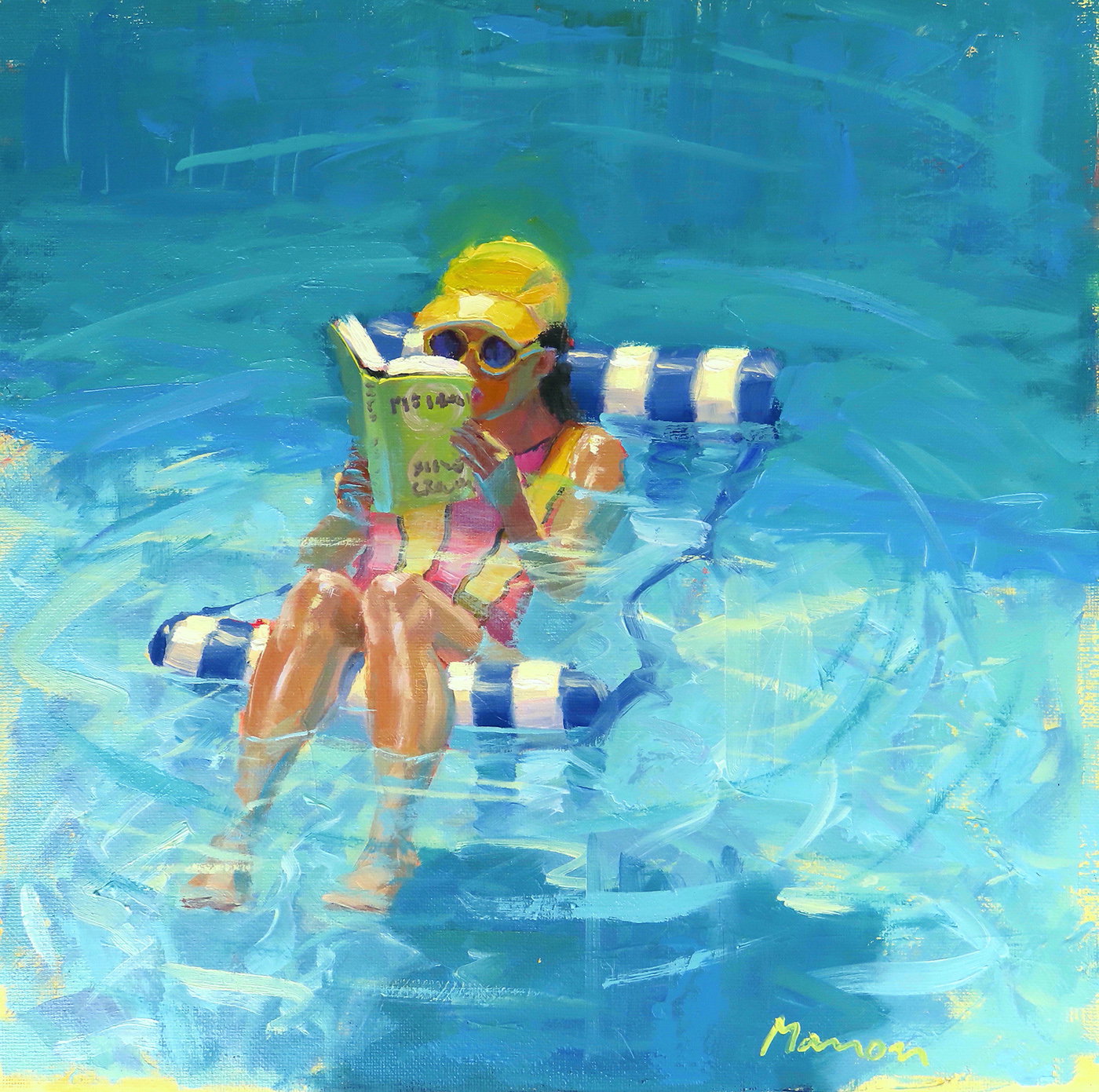 girl sitting in pool floaty, reading a book