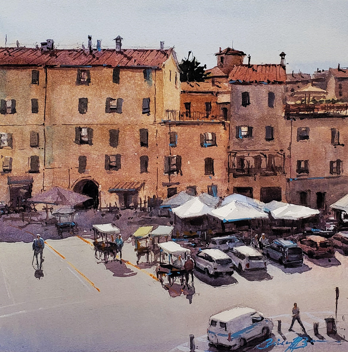 watercolor painting of Piazza with parking lot, cars and table umbrellas around