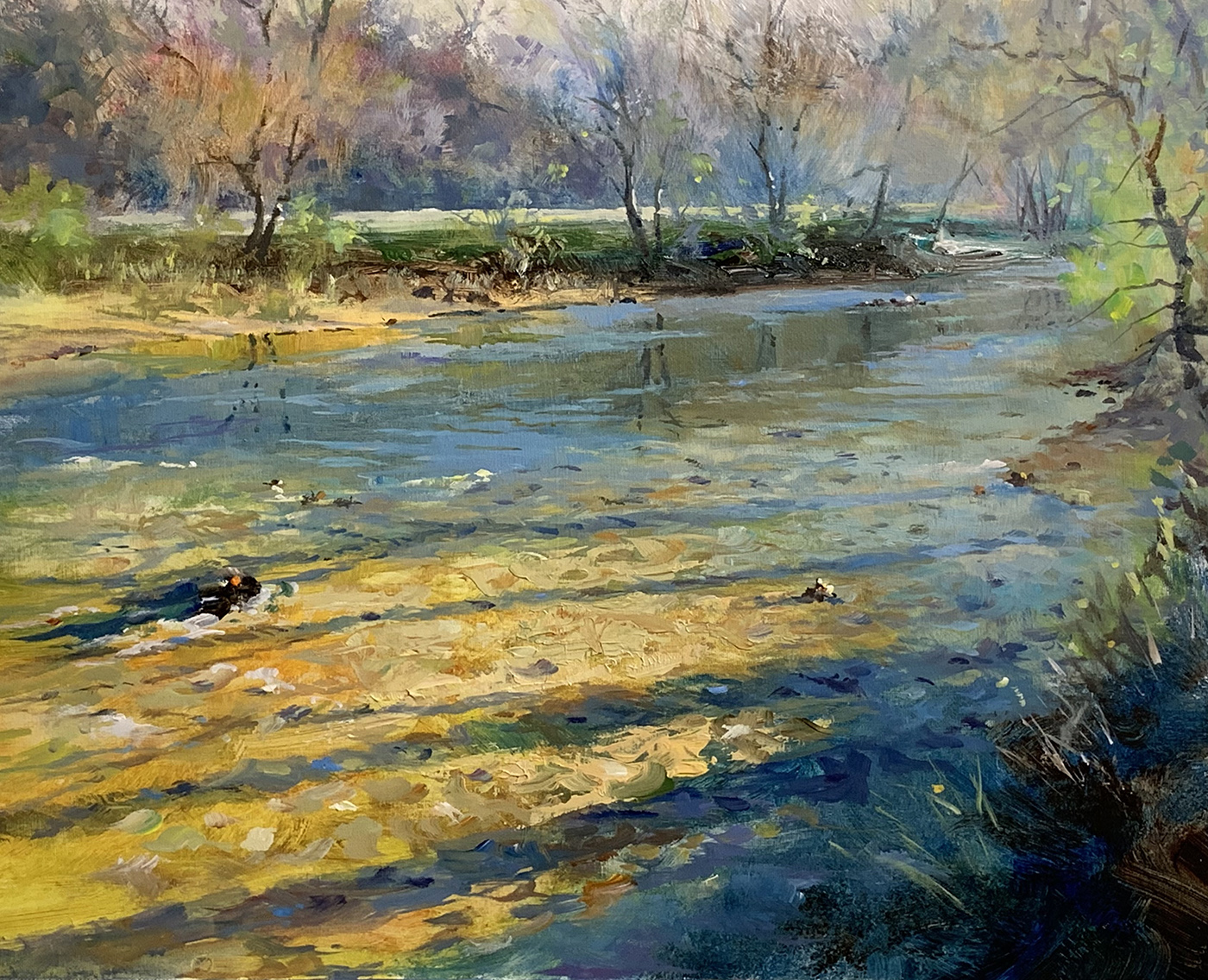 oil painting of sunlight stream; log in the distance