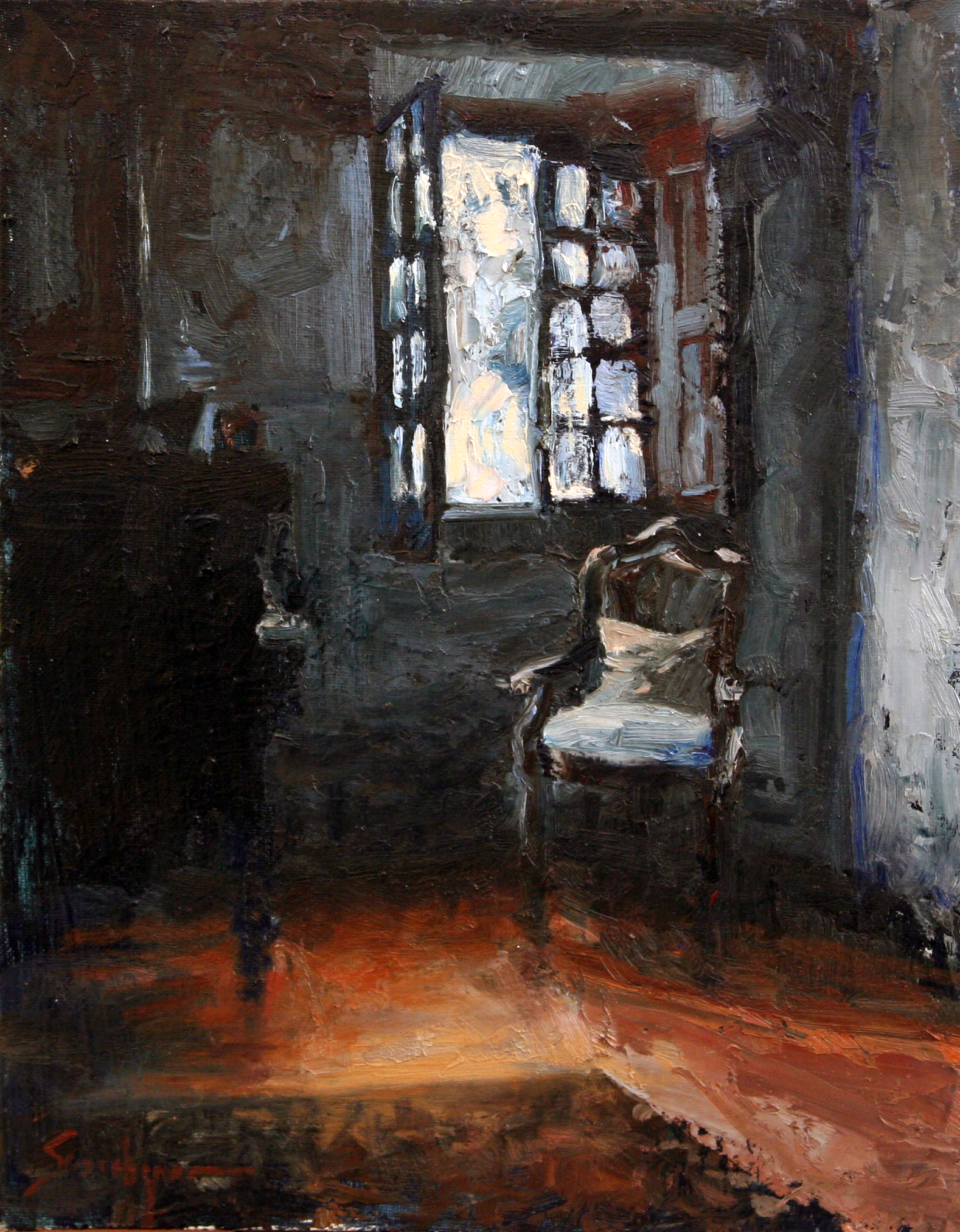 Susie Hyer, "Darkened Room Series - Cornered," oil on canvas, 12 x 9 in.