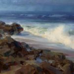 Painting atmosphere - Kathleen Hudson, "Rolling Surf," 2018, oil, 13 x 21 in., Collection the artist, Plein air