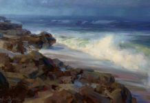 Painting atmosphere - Kathleen Hudson, "Rolling Surf," 2018, oil, 13 x 21 in., Collection the artist, Plein air