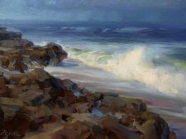 Painting atmosphere - Kathleen Hudson, "Rolling Surf," 2018, oil, 13 x 21 in., Collection the artist, Plein air