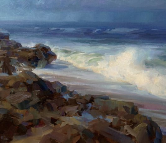 Painting atmosphere - Kathleen Hudson, "Rolling Surf," 2018, oil, 13 x 21 in., Collection the artist, Plein air