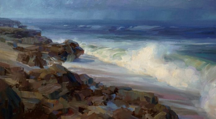 Painting atmosphere - Kathleen Hudson, "Rolling Surf," 2018, oil, 13 x 21 in., Collection the artist, Plein air