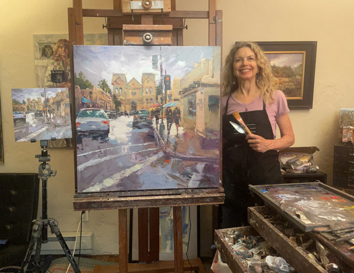 My studio where you can see the plein air version of “Monsoon Monday” to the left next to my larger 30” x 30” studio piece.