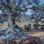 casein painting of trees on farmland with cows on the right