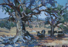 casein painting of trees on farmland with cows on the right