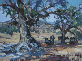 casein painting of trees on farmland with cows on the right