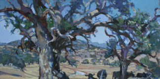 casein painting of trees on farmland with cows on the right