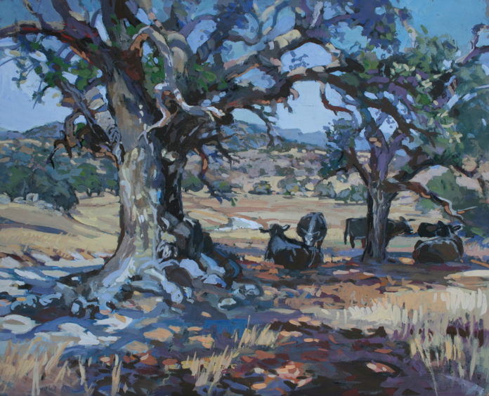 Krentz Johnson, casein painting of trees on farmland with cows on the right