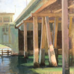 oil painting of pillars underneath a bridge in daylight