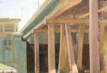 oil painting of pillars underneath a bridge in daylight