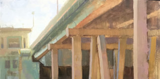 oil painting of pillars underneath a bridge in daylight