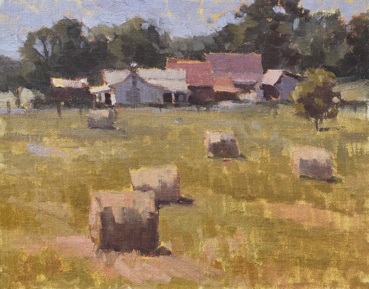 oil painting of old country farm with hay barrels in the foreground