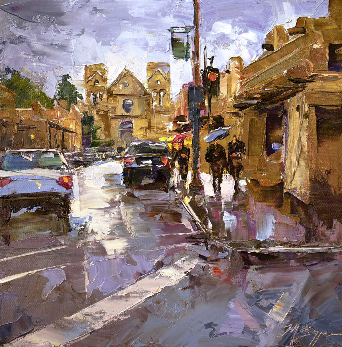 oil painting of raining, monsoon season in the streets of New Mexico