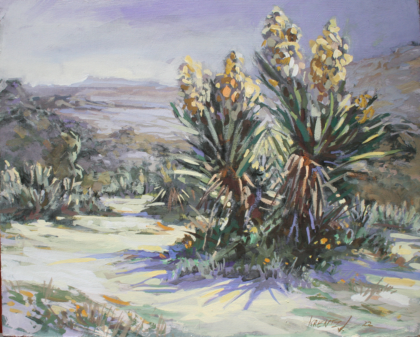 Casein painting of plants in desert 