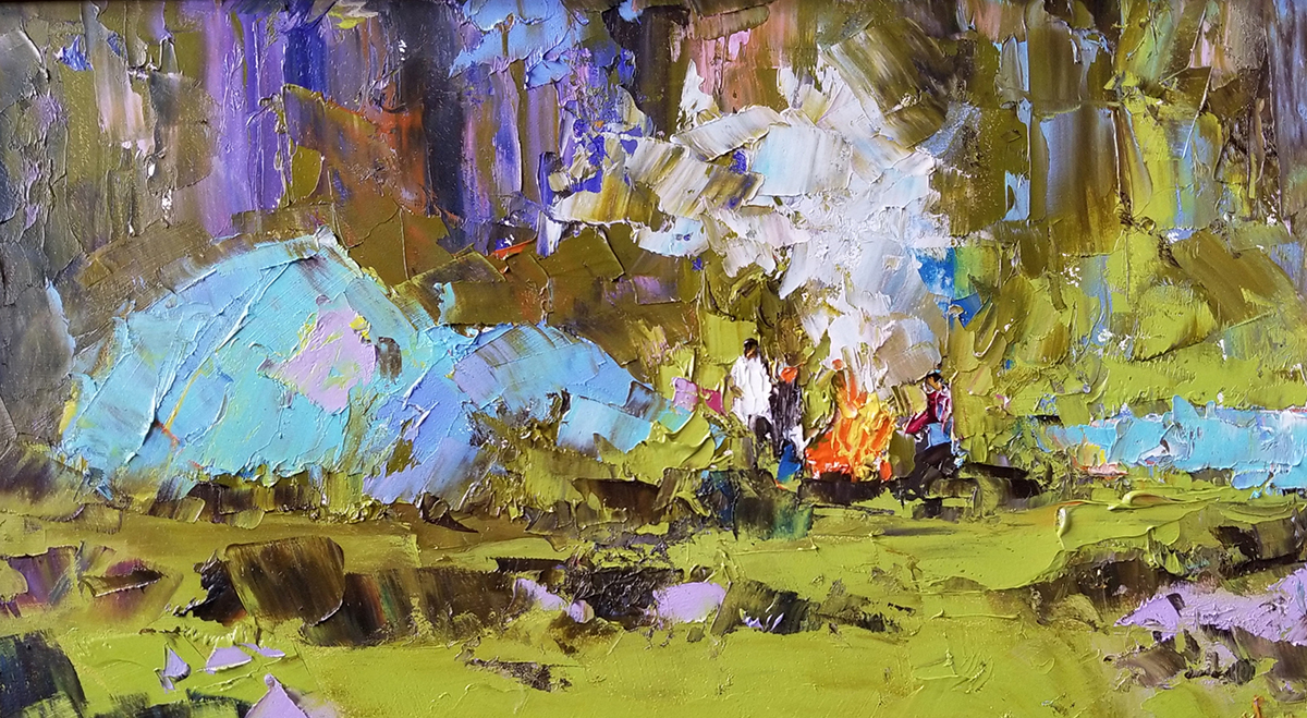 contemporary oil painting of a camp fire