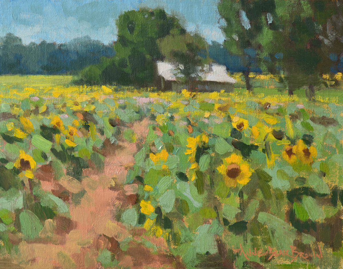 oil painting of sunflower field with path 