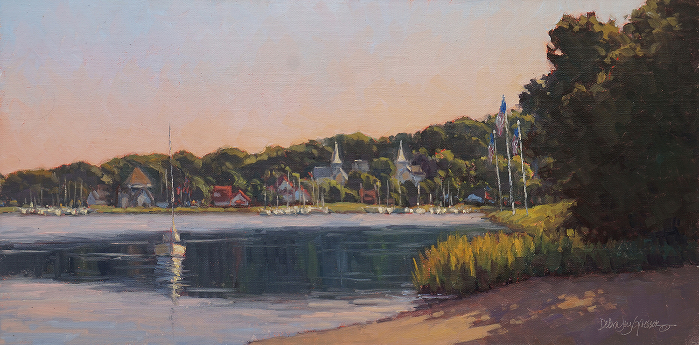 oil painting of sunset with still water with town in distance