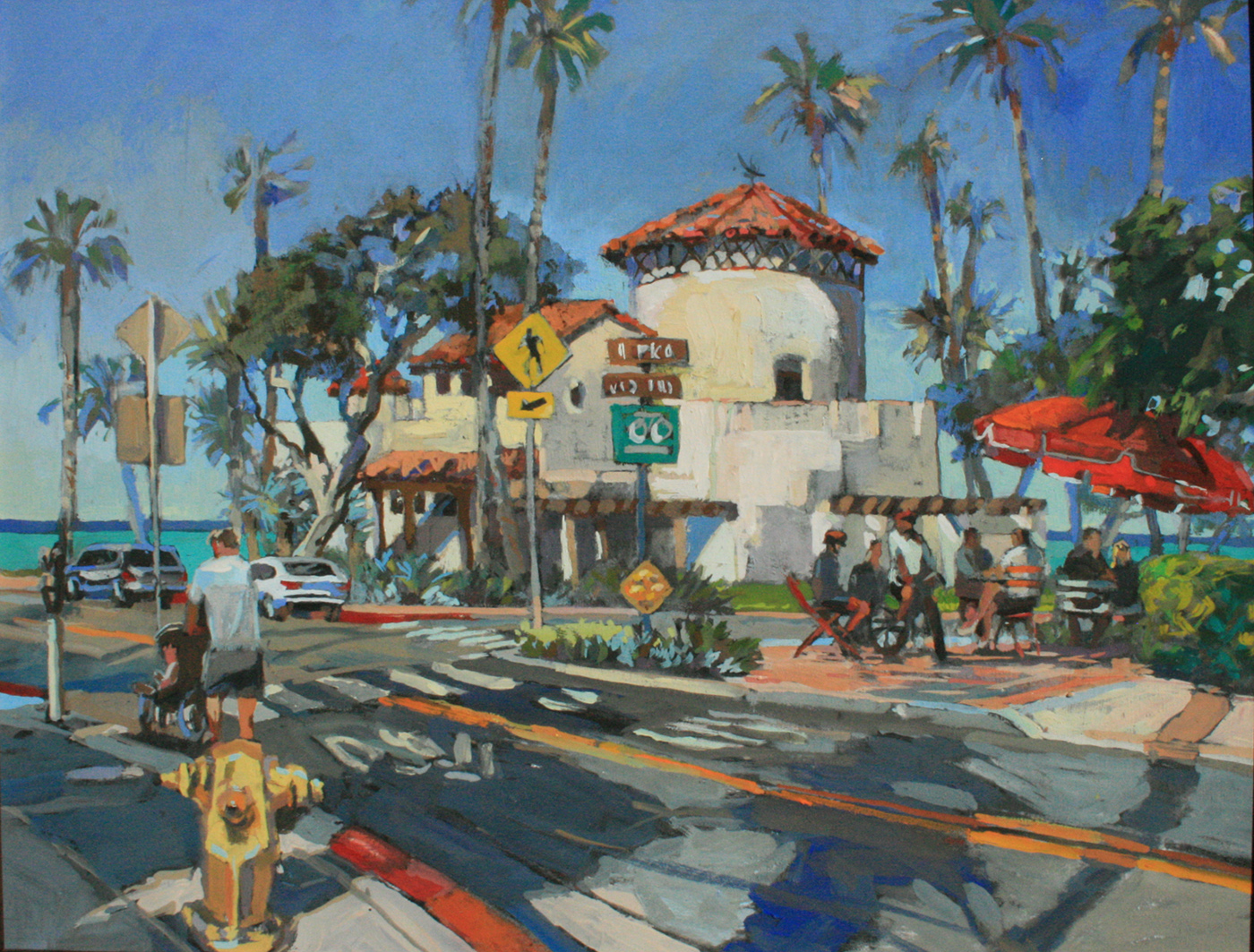 caesin painting of a tall building surrounded by palm trees with a road 