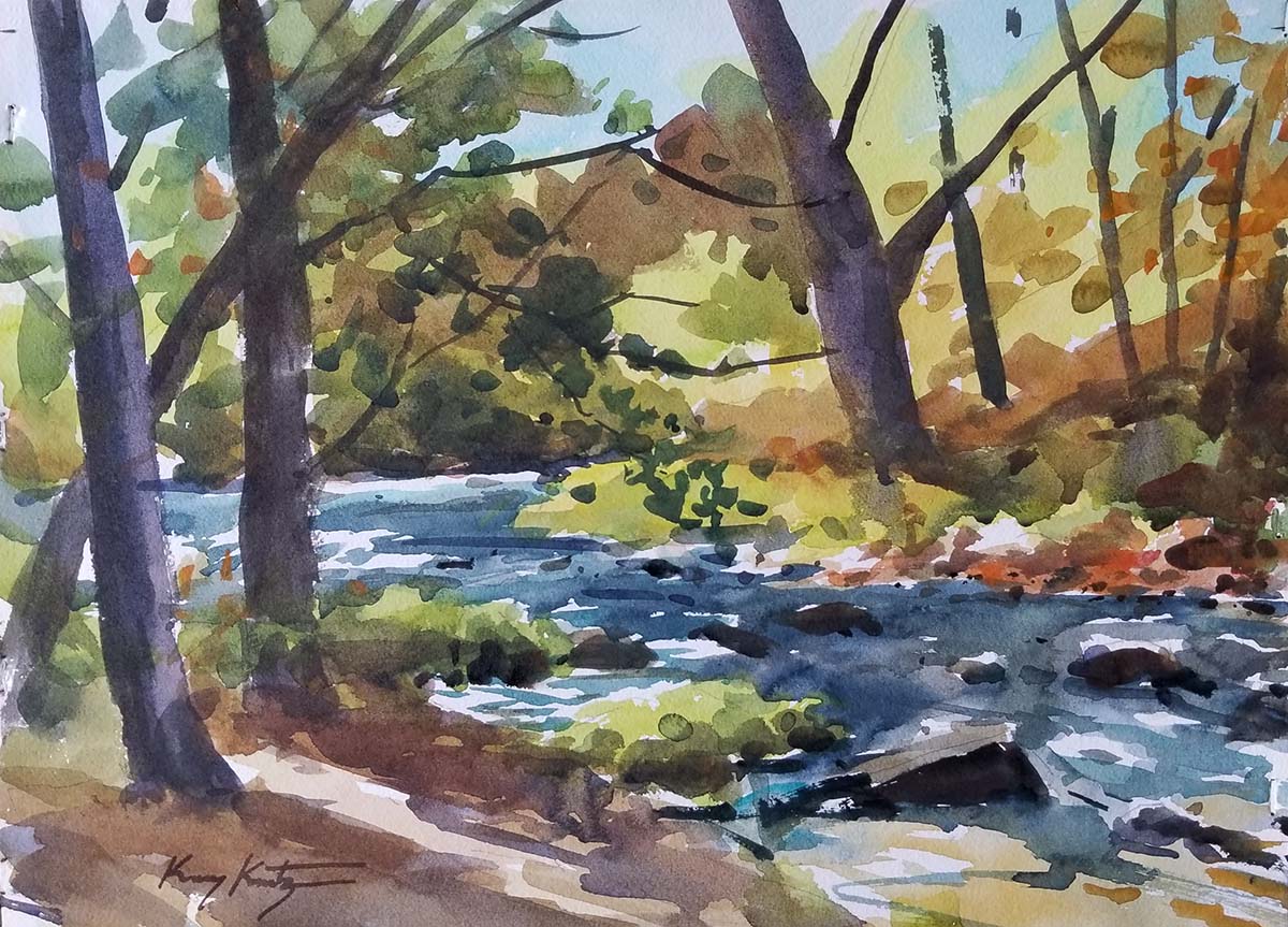 watercolor painting of a riverbend