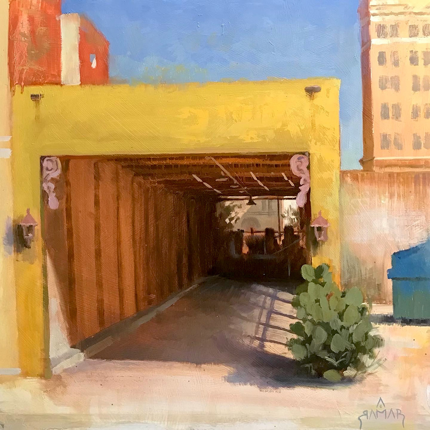 oil painting of overhang with blockage inside the tunnel