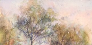 Landscape painting tutorial - Richard McKinley, "Pacific Sentinels," 2019, pastel over watercolor, 15x 10 in., Collection the artist, Plein air