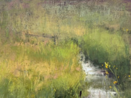 pastel painting of grass overfilling the canvas with a narrow river flowing through, curving the edge of river bend
