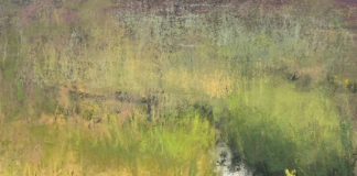 pastel painting of grass overfilling the canvas with a narrow river flowing through, curving the edge of river bend