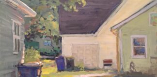 Jed Dorsey, "Neighbors," 18 x 24 in.In this piece, I loved how the angles from the three roofs worked together with the sunlight to create a compelling design for this rather ordinary neighborhood scene in Carmel, IN.