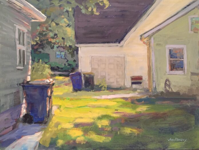 Jed Dorsey, "Neighbors," 18 x 24 in.In this piece, I loved how the angles from the three roofs worked together with the sunlight to create a compelling design for this rather ordinary neighborhood scene in Carmel, IN.