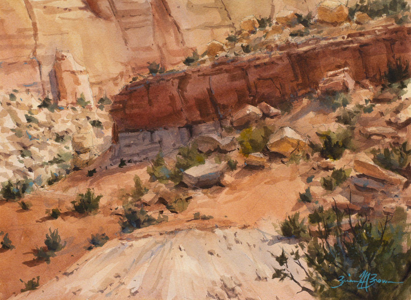 watercolor of birds eye view of red rocks on the desert sun, mixed in with plants
