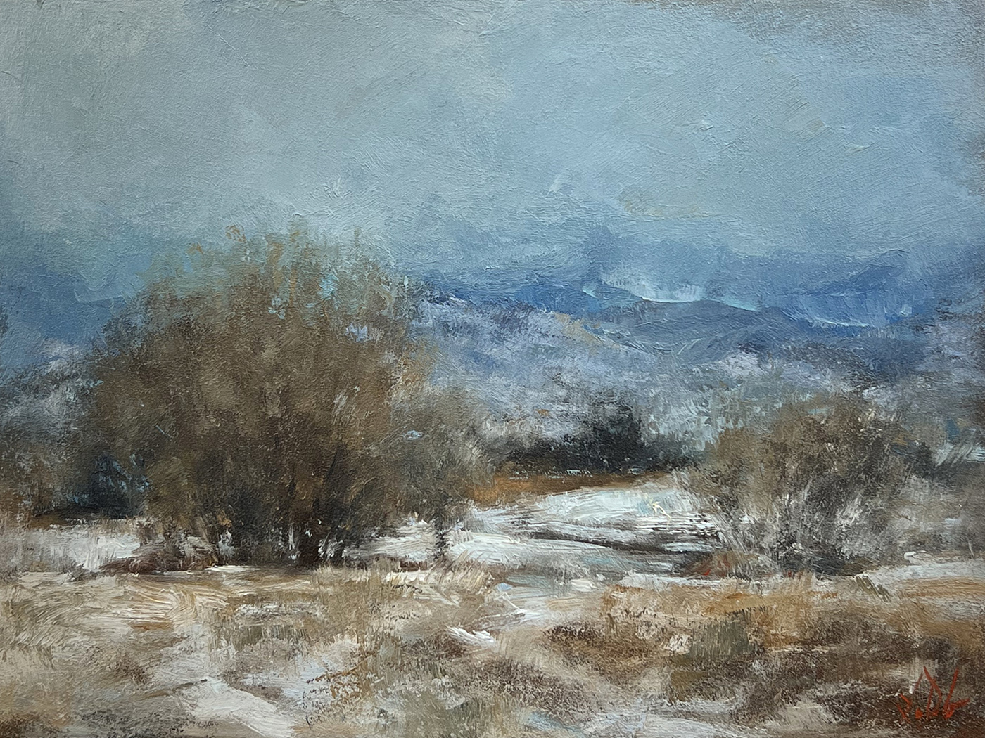 oil painting of pale blue sky during winter, with evergreen tree on left midground and dead grass in the foreground