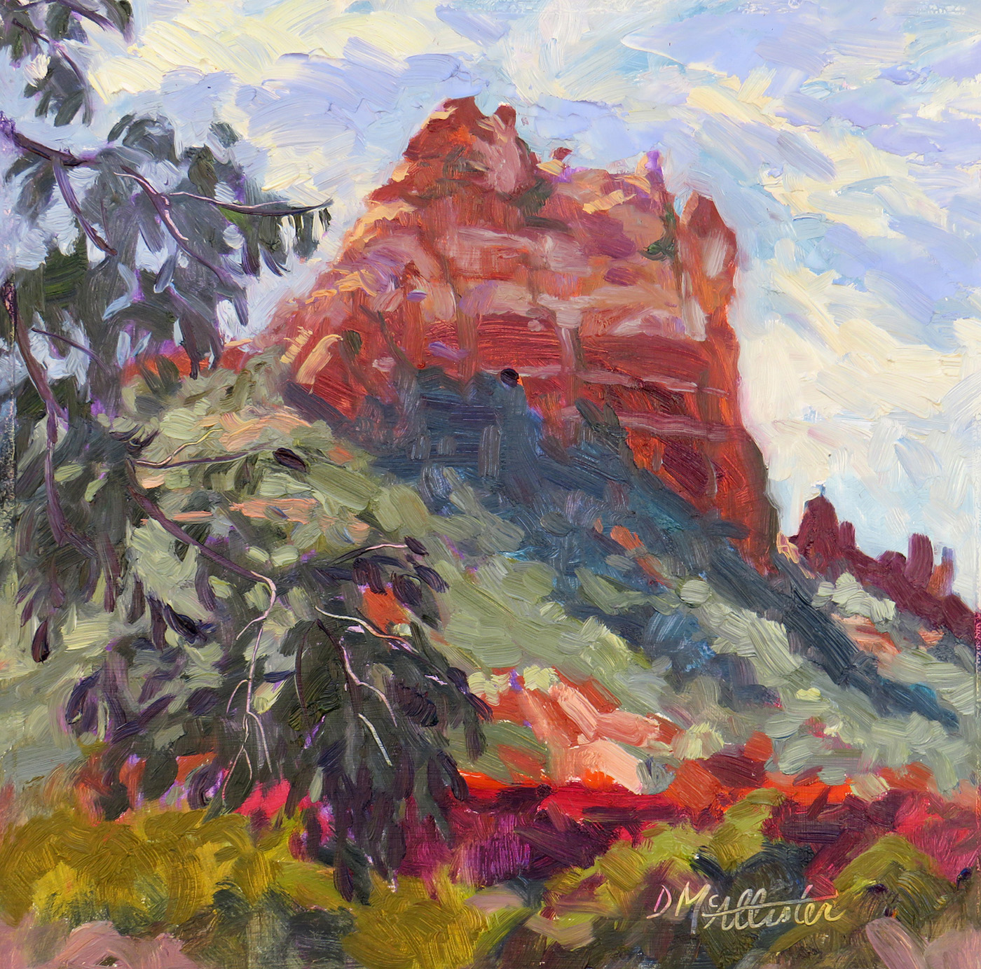 oil painting of mountain rock in the desert with foliage in the foreground