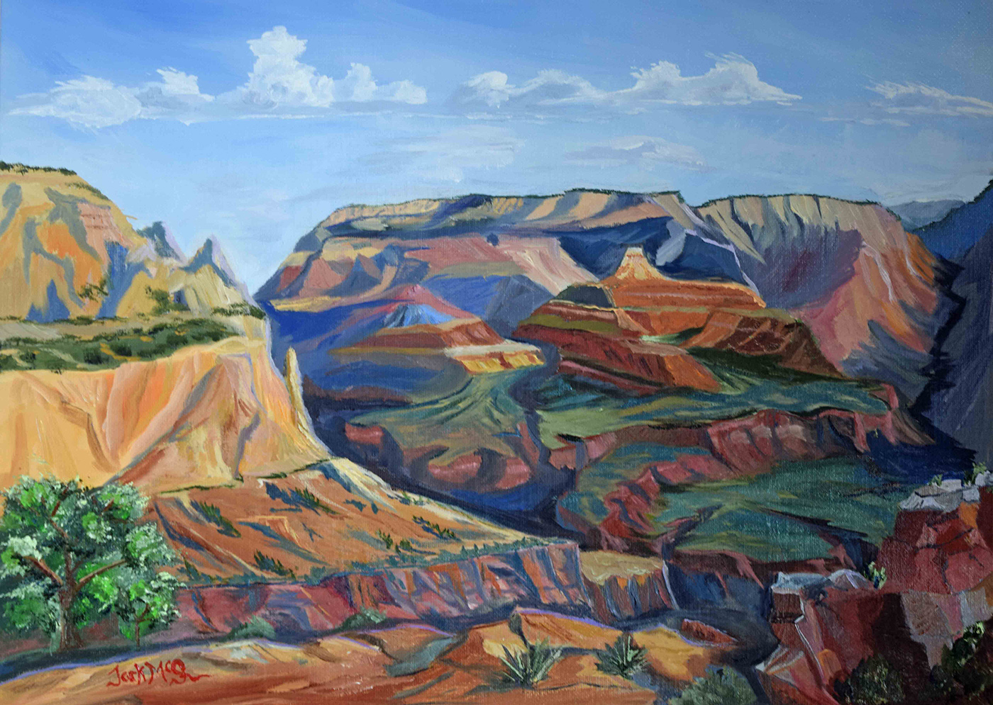 oil painting of New Mexico mountains landscape during day with shifts of colors and light playing on the folds of the mountains and plateaus 
