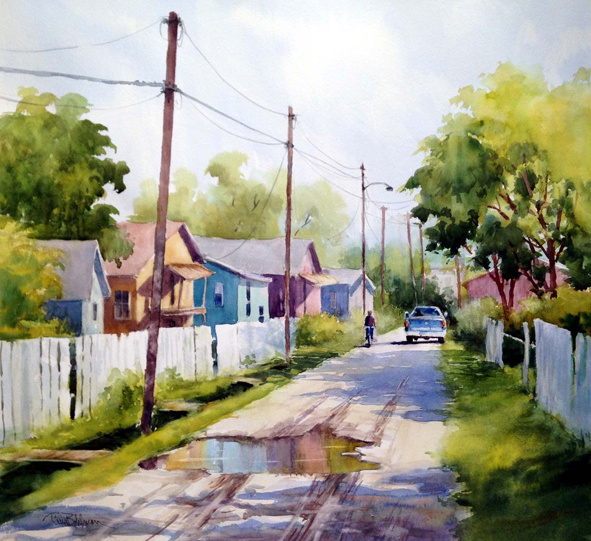 watercolor painting of a neighborhood street scene with power lines lining the side on the left, during the day