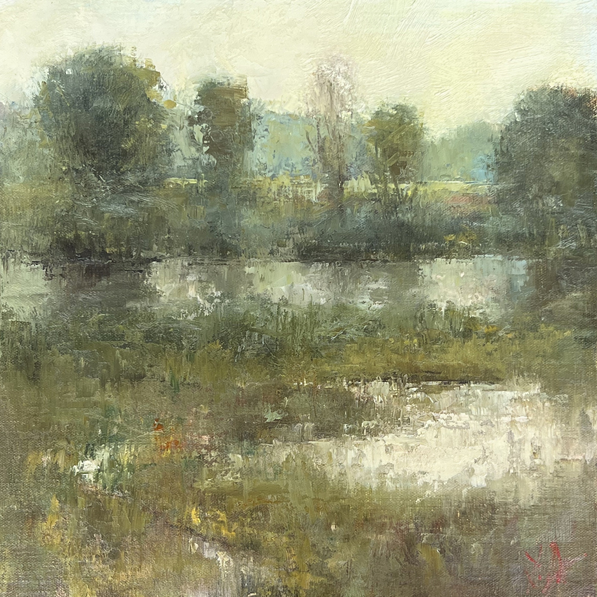 oil painting of impressionist style of river bend flowing through foreground and mid-ground with grass and trees in the background
