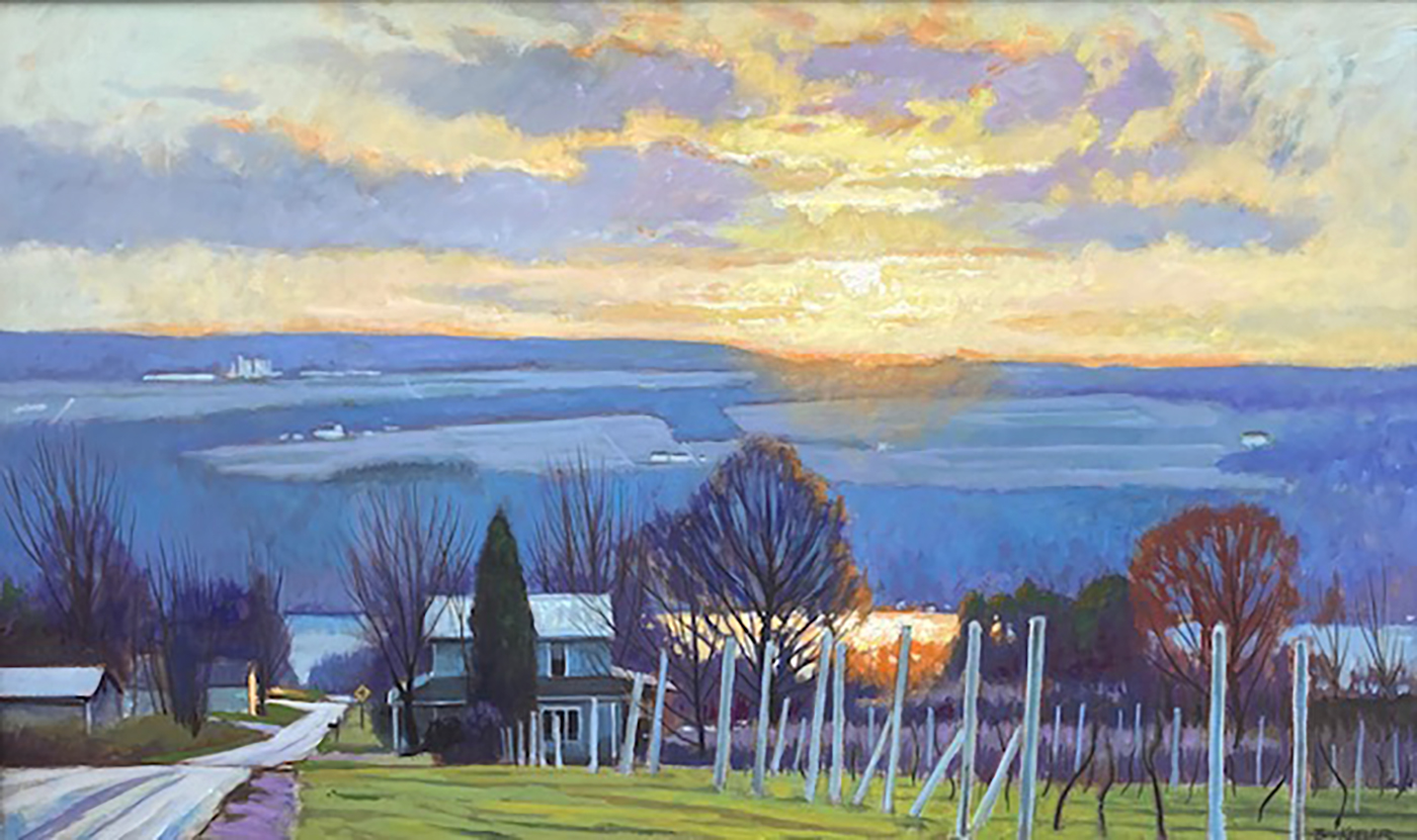 oil painting of sunlight glow during sunset over mountains with house in foreground surrounded by trees