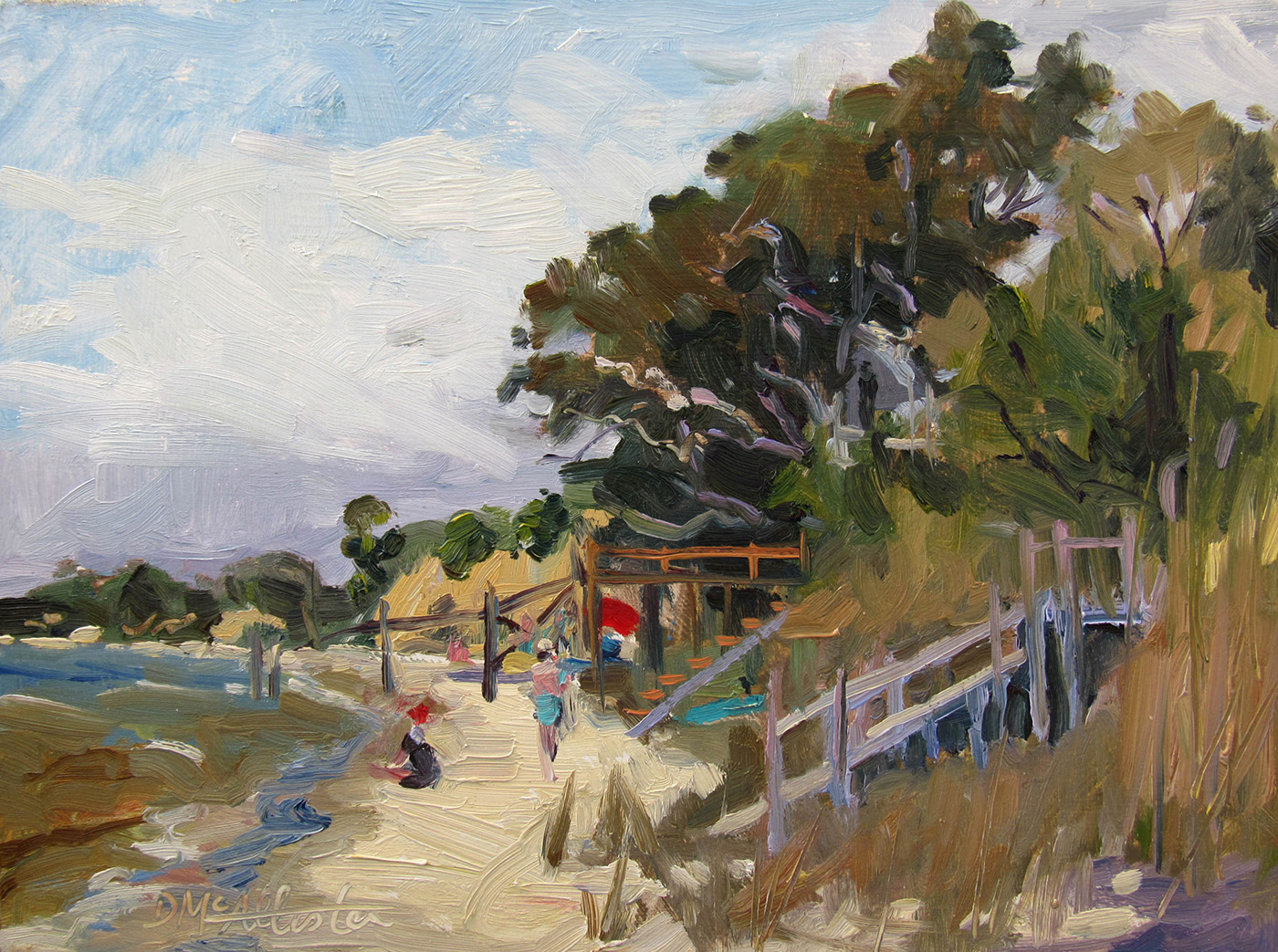 oil painting of beach on a sunny day, foliage on the right with a strip of beach off center 